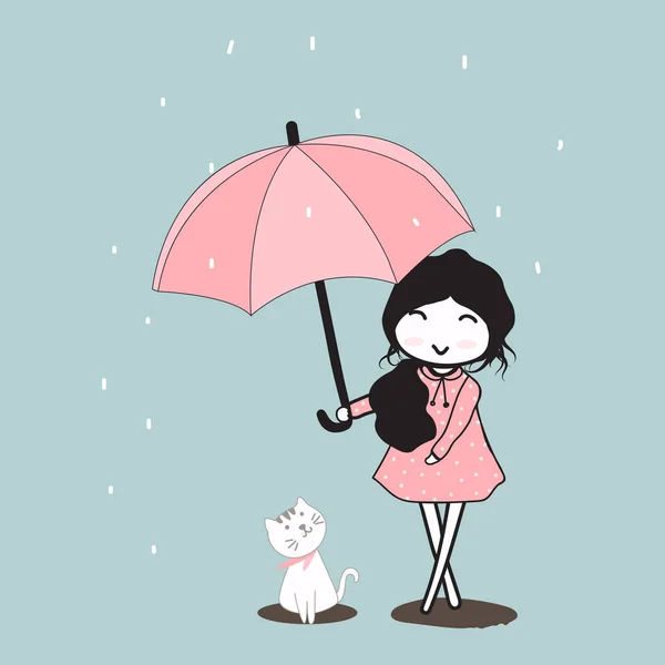 Bonito Cartoon Menina Vestido Rosa Segurar Umbrella Vector Ilustração —  Vetores de Stock