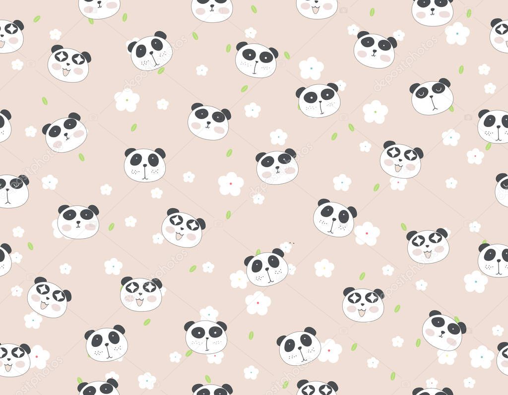 Cute panda cartoon seamless pattern animal with flower.vector,illustration