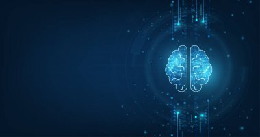 Teknoloji kavramı. Vektör soyut insan beyni şekli. Koyu mavi arkaplan üzerinde çizgi ve gölge olan yapay zeka.