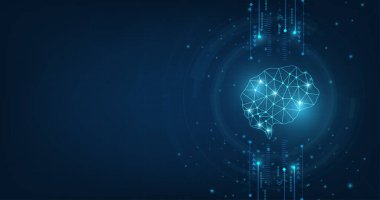 Teknoloji kavramı. Vektör soyut çokgen insan beyni şekli, üzerinde çizgi noktaları ve koyu mavi arkaplan üzerindeki gölge olan yapay zeka.