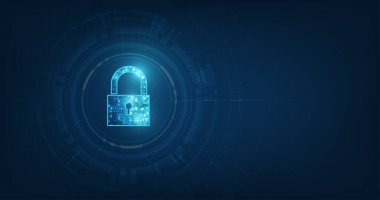 Anahtar deliği simgesiyle birlikte asma kilit. Kişisel veri güvenliği siber verileri ya da bilgi gizlilik fikrini gözler önüne serer. mavi renk soyut yüksek hız internet teknolojisi.