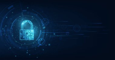 Anahtar deliği simgesiyle birlikte asma kilit. Kişisel veri güvenliği siber verileri ya da bilgi gizlilik fikrini gözler önüne serer. mavi renk soyut yüksek hız internet teknolojisi.