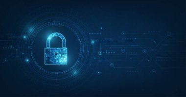 Kişisel veri güvenliğindeki anahtar deliği simgesi ile asma kilit siber verileri veya bilgi gizlilik fikrini görüntüler. mavi renk soyut yüksek hız internet teknolojisi.