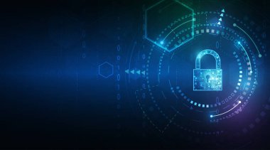 Kişisel veri güvenliğindeki anahtar deliği simgesi ile asma kilit siber verileri veya bilgi gizlilik fikrini görüntüler. mavi renk soyut yüksek hız internet teknolojisi.