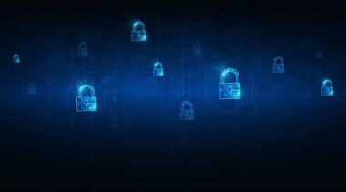 Kişisel veri güvenliğindeki anahtar deliği simgesi ile asma kilit siber verileri veya bilgi gizlilik fikrini görüntüler. mavi renk soyut yüksek hız internet teknolojisi.