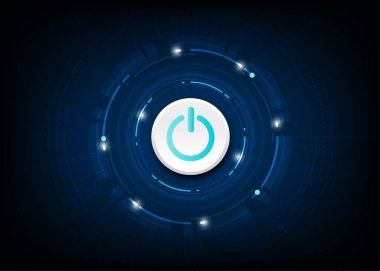 Teknoloji arkaplanındaki vektör mavi güç düğmesi.