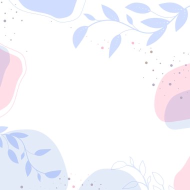 Şekilleri ve yaprakları olan modern bir arka plan. Pastel renkli ve el çizimi çizgili soyut resim.