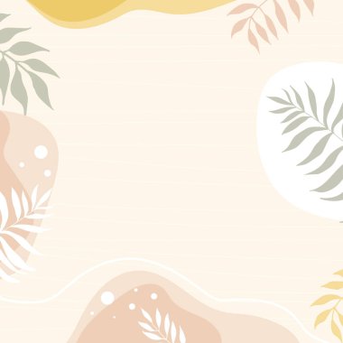 Şekilleri ve yaprakları olan modern bir arka plan. Pastel renkli ve el çizimi çizgili soyut resim.