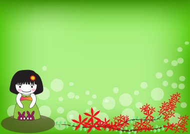 Yeşil bir arka plan üzerinde kırmızı çiçekli sevimli kız.