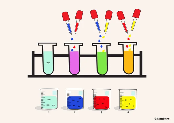 Chemikalienbecher, Tropfer, Reagenzglas, wissenschaftliche Experimente — Stockvektor