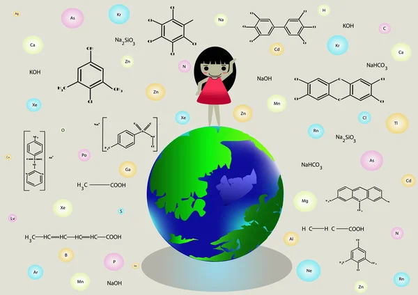 Simboli chimici e ragazza sul pianeta Terra . — Vettoriale Stock