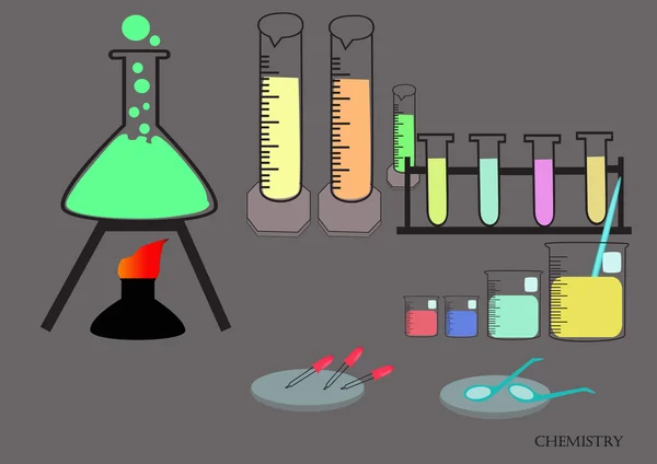 Artículos de vidrio, productos químicos, materiales y experimentos científicos . — Vector de stock