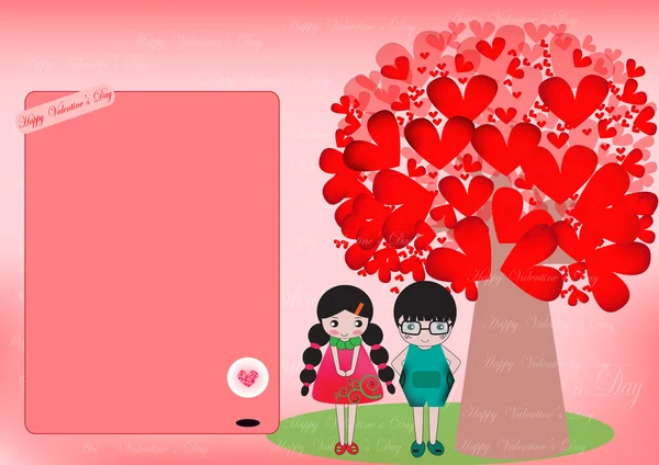 Pretty Cartoon Couple Stock Vector, Vector illustration of Valentine card, flat design, Valentine Day, Tree with heart-shaped red couple . — стоковый вектор