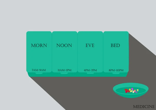 Eine Schachtel Medizin, Vektorillustration, flaches Design, Organisation der täglichen Medikamenteneinnahme, Lagerung von Medikamenten, Becher. — Stockvektor