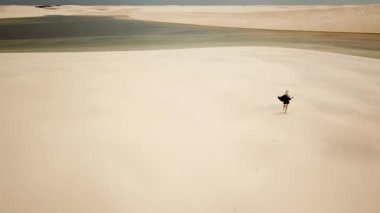 Lencois Maranhenses Ulusal Parkı kum tepeleri ve lagünlerle dolu. Rota Lagoa Azul, Maranhao, Brezilya 'ya koşan bir kız. Yüksek kalite 4k görüntü