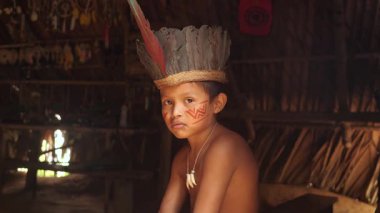 Manaus, Brezilya - 01 07 2026: Tatuyo yerli köyünden genç bir çocuk. Manaus, Brezilya yakınlarındaki Amazonlar. Yüksek kalite 4k görüntü