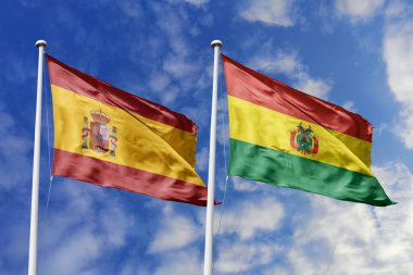 İspanya ve Bolivya bayrakları mavi gökyüzünde dalgalanıyor, diplomasiyi, ticareti, stratejik ortaklığı ve birliği simgeliyor.