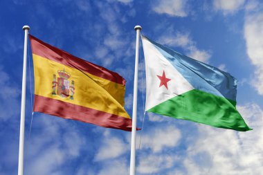 Mavi gökyüzünde dalgalanan İspanya ve Cibuti bayrakları diplomasi, ticaret, stratejik ortaklık ve birliği simgeliyor.