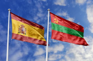 Mavi gökyüzünde dalgalanan İspanya ve Transnistria bayrakları diplomasiyi, ticareti, stratejik ortaklığı ve birliği simgeliyor.