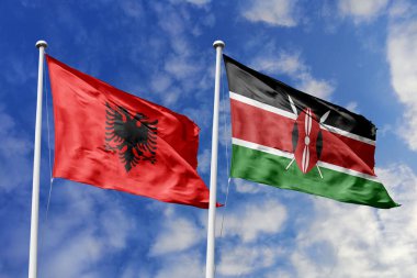 Arnavutluk ve Kenya 'nın ulusal bayrakları mavi gökyüzüne karşı el sallayarak uluslararası diplomasiyi, ikili ticari ilişkileri, stratejik ortaklığı ve ülkeler arasındaki kültürel alışverişi simgeliyor..