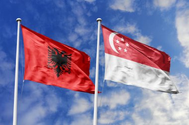 Arnavutluk ve Singapur 'un ulusal bayrakları mavi gökyüzüne karşı yan yana sallanarak uluslararası diplomasiyi, ikili ticari ilişkileri, stratejik ortaklığı ve ülkeler arasındaki kültürel alışverişi simgeliyor..