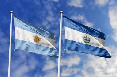 Arjantin ve El Salvador 'un ulusal bayrakları mavi gökyüzüne karşı yan yana sallanarak uluslararası diplomasiyi, ikili ticari ilişkileri, stratejik ortaklığı ve ülkeler arasındaki kültürel değişimi simgeliyor..