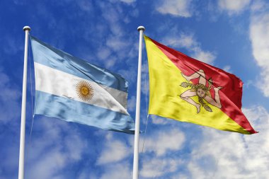 Arjantin ve Sicilya 'nın ulusal bayrakları mavi gökyüzüne karşı yan yana sallanarak uluslararası diplomasiyi, ikili ticari ilişkileri, stratejik ortaklığı ve ülkeler arasındaki kültürel değişimi sembolize ediyor..