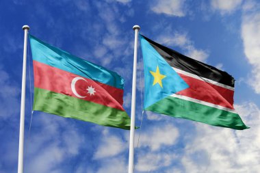 Azerbaycan ve Güney Sudan 'ın ulusal bayrakları mavi gökyüzüne karşı yan yana sallanarak uluslararası diplomasiyi, ikili ticari ilişkileri, stratejik ortaklığı ve ülkeler arasındaki kültürel alışverişi simgeliyor..