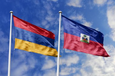Ulusal Ermenistan ve Haiti bayrakları mavi gökyüzüne karşı yan yana sallanarak uluslararası diplomasiyi, ikili ticari ilişkileri, stratejik ortaklığı ve ülkeler arasındaki kültürel alışverişi simgeliyor..