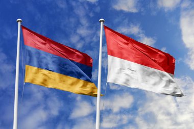 Ermenistan ve Endonezya 'nın ulusal bayrakları mavi gökyüzüne karşı yan yana sallanarak uluslararası diplomasiyi, ikili ticari ilişkileri, stratejik ortaklığı ve ülkeler arasındaki kültürel alışverişi simgeliyor..