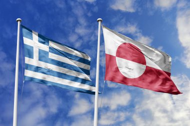 Yunanistan ve Grönland 'ın ulusal bayrakları mavi gökyüzüne karşı yan yana sallanarak uluslararası diplomasiyi, ikili ticari ilişkileri, stratejik ortaklığı ve ülkeler arasındaki kültürel alışverişi simgeliyor..