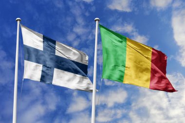 Finlandiya ve Mali 'nin ulusal bayrakları mavi gökyüzüne karşı yan yana sallanarak uluslararası diplomasiyi, ikili ticari ilişkileri, stratejik ortaklığı ve ülkeler arasındaki kültürel alışverişi simgeliyor..