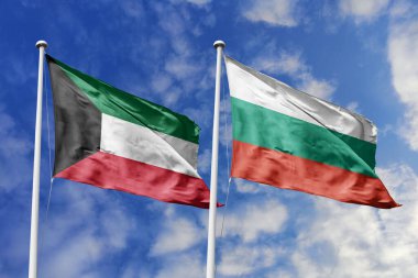 Kuveyt ve Bulgaristan 'ın ulusal bayrakları mavi gökyüzüne karşı el sallayarak uluslararası diplomasiyi, ikili ticari ilişkileri, stratejik ortaklığı ve ülkeler arasındaki kültürel alışverişi simgeliyor..