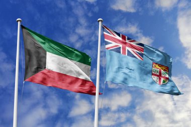 Kuveyt ve Fiji 'nin ulusal bayrakları mavi gökyüzüne karşı yan yana sallanarak uluslararası diplomasiyi, ikili ticari ilişkileri, stratejik ortaklığı ve ülkeler arasındaki kültürel değişimi simgeliyor..