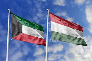 Kuveyt ve Macaristan 'ın ulusal bayrakları mavi gökyüzüne karşı yan yana sallanarak uluslararası diplomasiyi, ikili ticari ilişkileri, stratejik ortaklığı ve ülkeler arasındaki kültürel alışverişi simgeliyor..