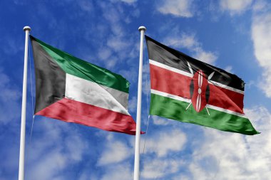 Kuveyt ve Kenya 'nın ulusal bayrakları mavi gökyüzüne karşı yan yana sallanarak uluslararası diplomasiyi, ikili ticari ilişkileri, stratejik ortaklığı ve ülkeler arasındaki kültürel değişimi simgeliyor..