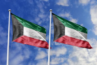 Kuveyt ve Kuveyt 'in ulusal bayrakları mavi gökyüzüne karşı yan yana sallanarak uluslararası diplomasiyi, ikili ticari ilişkileri, stratejik ortaklığı ve ülkeler arasındaki kültürel alışverişi simgeliyor..