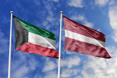 Kuveyt ve Letonya 'nın ulusal bayrakları mavi gökyüzüne karşı yan yana sallanarak uluslararası diplomasiyi, ikili ticari ilişkileri, stratejik ortaklığı ve ülkeler arasındaki kültürel alışverişi simgeliyor..