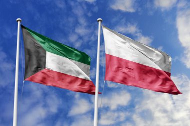 Kuveyt ve Polonya 'nın ulusal bayrakları mavi gökyüzüne karşı yan yana sallanarak uluslararası diplomasiyi, ikili ticari ilişkileri, stratejik ortaklığı ve ülkeler arasındaki kültürel alışverişi simgeliyor..