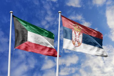 Kuveyt ve Sırbistan 'ın ulusal bayrakları mavi gökyüzüne karşı el sallayarak uluslararası diplomasiyi, ikili ticari ilişkileri, stratejik ortaklığı ve ülkeler arasındaki kültürel alışverişi simgeliyor..