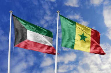 Kuveyt ve Senegal 'in ulusal bayrakları mavi gökyüzüne karşı yan yana sallanarak uluslararası diplomasiyi, ikili ticari ilişkileri, stratejik ortaklığı ve ülkeler arasındaki kültürel alışverişi simgeliyor..