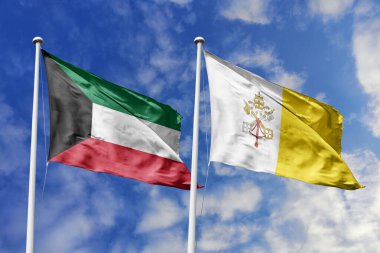 Kuveyt ve Vatikan 'ın ulusal bayrakları mavi gökyüzüne karşı yan yana sallanarak uluslararası diplomasiyi, ikili ticari ilişkileri, stratejik ortaklığı ve ülkeler arasındaki kültürel değişimi simgeliyor..