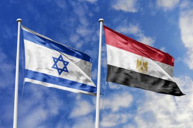 İsrail ve Mısır 'ın bayrakları açık mavi bir gökyüzünde sallanıyor, güçlü bir diplomasiyi sembolize ediyor, küresel ticareti genişletiyor, stratejik bir ortaklık, ve sürdürülebilir bir gelecek için ortak bir birlik vizyonu..