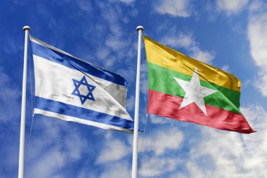 Israel and Myanmar flags waving in a clear blue sky, symbolizing a powerful diplomacy, expanding global trade, a strategic partnership, and a shared vision of unity for a sustainable future.