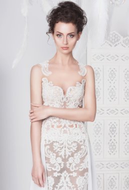 Dantel elbise genç zarif gelin. Görüntüleyiciyi düz görünüyor.