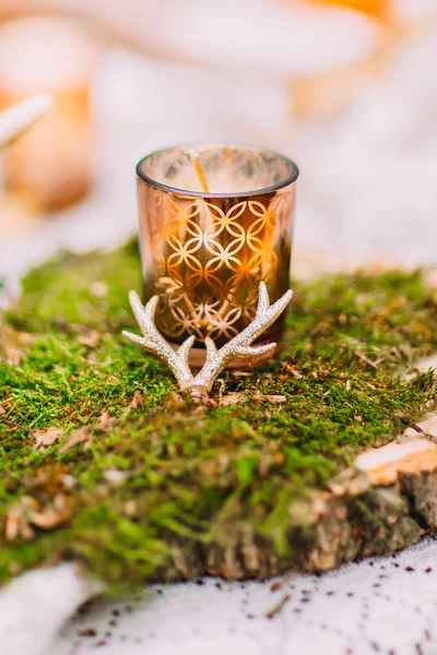 Hand made candle decorated with little deer horns on the green moss close up — Stock Photo, Image