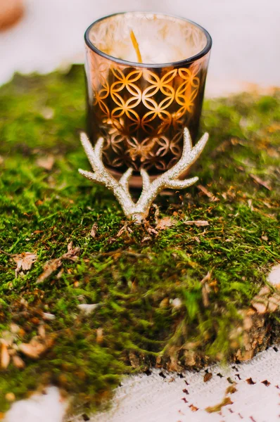 Hand made candle decorated with little deer horns on the green moss close up — Stock Photo, Image