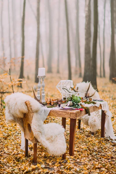Mesa decorada en estilo escandinavo con cuernos de ciervo y pieles sobre sillas. Día soleado en el bosque de otoño —  Fotos de Stock
