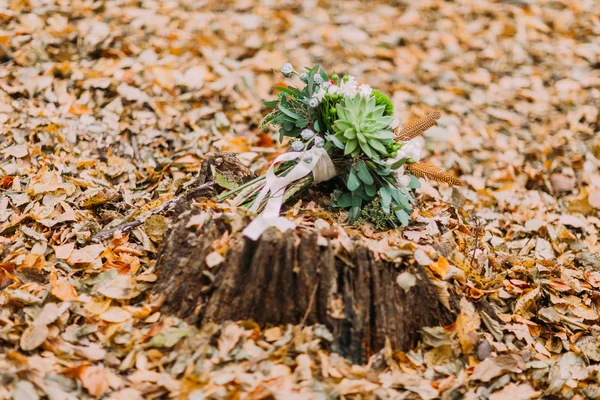 Bröllop bukett liggande på stubben i skogen höst — Stockfoto