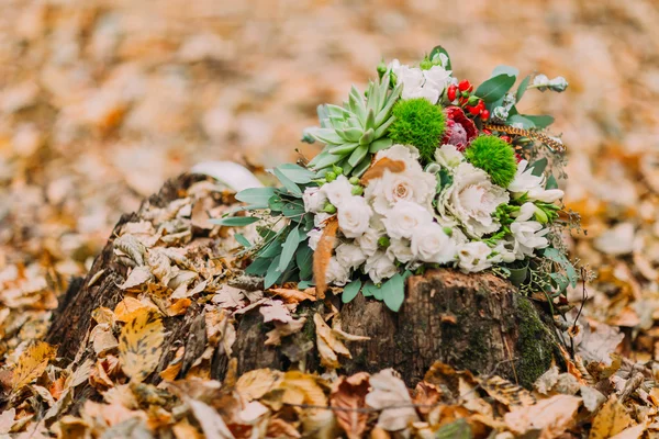Hermoso ramo de bodas que consta de rosas blancas y decoradas con características que yacen en el muñón en los bosques de otoño de cerca — Foto de Stock